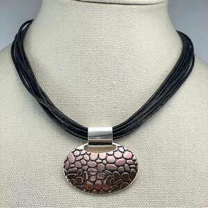 Napier Signed Multi-Strand Black Cord Choker Necklace w/ Silver Tone Pendant 18"